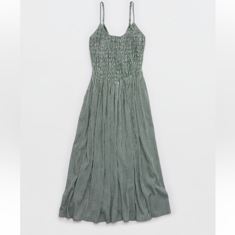 Aerie Green Checkered Midi Dress